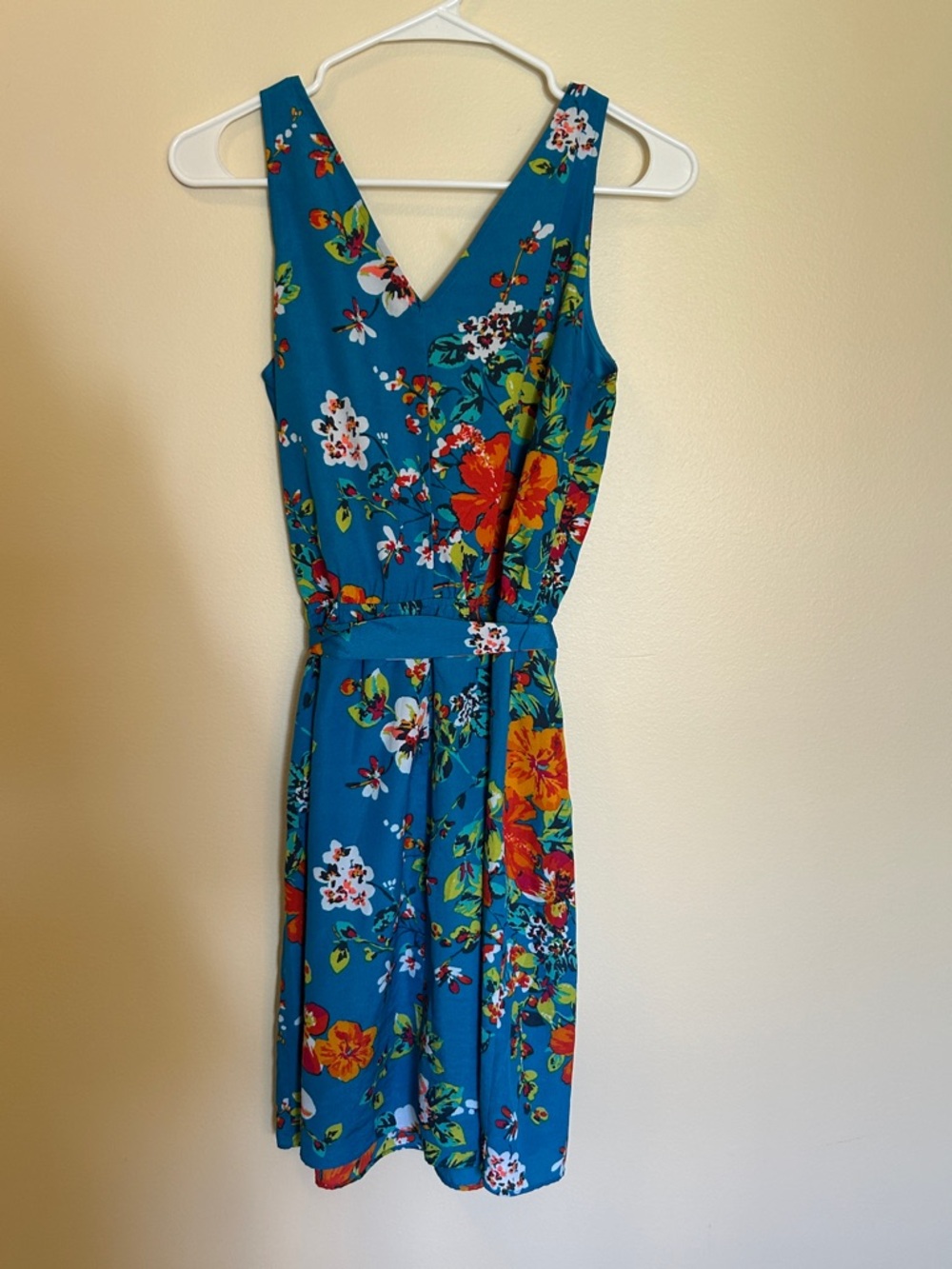 Express Teal Floral Mini Dress | Belted Ruffle Summer Dress | Women’s Date Night - Picture 4 of 4